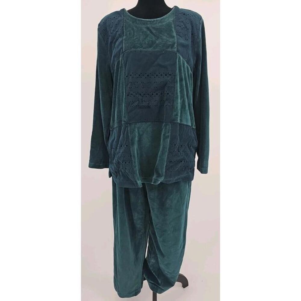 Alfred Dunner Velour 2pc Green Patchwork Top Large With Pants 14